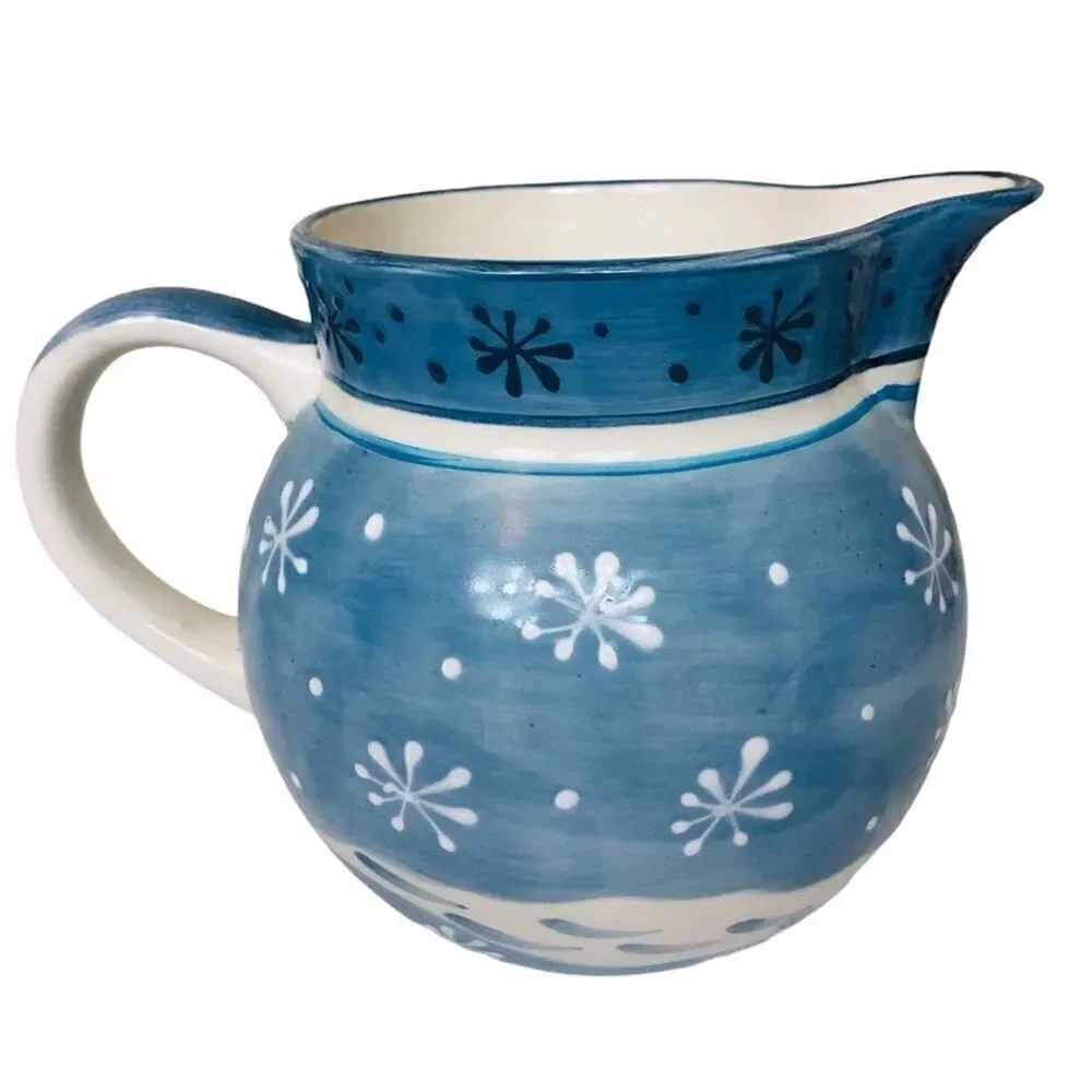 Christmas Decor Vintage Blue White Snowman Ceramic Pitcher